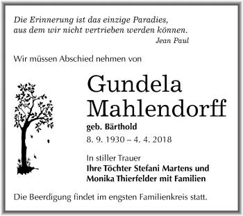 Traueranzeige von Gundela Mahlendorff von Mitteldeutsche Zeitung