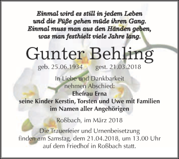Traueranzeige von Gunter Behling von WVG - Wochenspiegel Merseburg