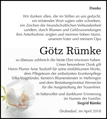 Traueranzeige von Götz Rümke von Super Sonntag Aschersleben