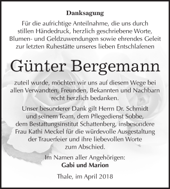 Traueranzeige von Günter Bergemann von Mitteldeutsche Zeitung Quedlinburg