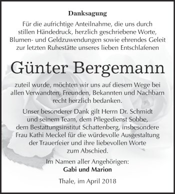 Traueranzeige von Günter Bergemann von Super Sonntag Quedlinburg
