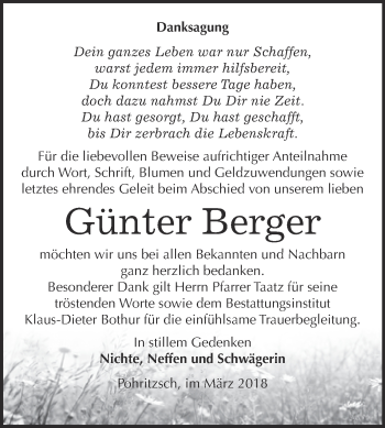 Traueranzeige von Günter Berger von WVG - Wochenspiegel Bitterfeld