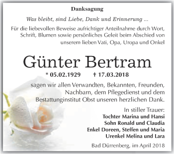 Traueranzeige von Günter Bertram von Super Sonntag Merseburg