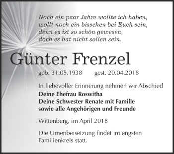 Traueranzeige von Günter Frenzel von Super Sonntag Wittenberg