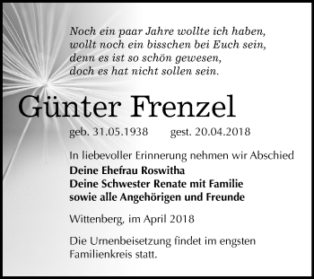 Traueranzeige von Günter Frenzel von Mitteldeutsche Zeitung