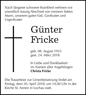 Traueranzeige von Günter Fricke von Mitteldeutsche Zeitung Halle/Saalkreis