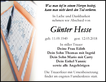 Traueranzeige von Günter Hesse von Mitteldeutsche Zeitung Bitterfeld