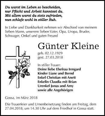 Traueranzeige von Günter Kleine von WVG - Wochenspiegel Bitterfeld