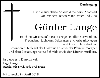 Traueranzeige von Günter Lange von Mitteldeutsche Zeitung