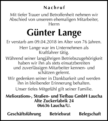 Traueranzeige von Günter Lange von Mitteldeutsche Zeitung