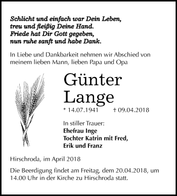 Traueranzeige von Günter Lange von Mitteldeutsche Zeitung