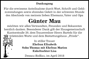 Traueranzeige von Günter Mau von Mitteldeutsche Zeitung Dessau-Roßlau