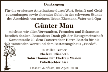 Traueranzeige von Günter Mau von WVG - Wochenspiegel Dessau / Köthen