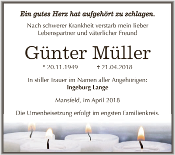 Traueranzeige von Günter Müller von Super Sonntag SGH Mansf. Land