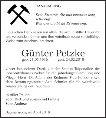 Traueranzeige von Günter Petzke von WVG - Wochenspiegel NMB / WSF / ZTZ