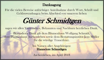 Traueranzeige von Günter Schmidtgen von Super Sonntag Aschersleben