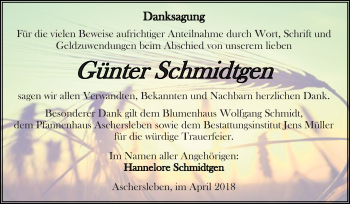 Traueranzeige von Günter Schmidtgen von Mitteldeutsche Zeitung Aschersleben