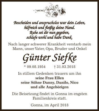 Traueranzeige von Günter Siefke von Super Sonntag SGH Mansf. Land