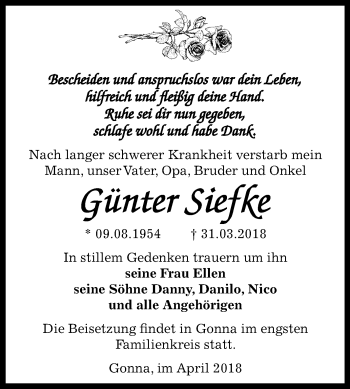 Traueranzeige von Günter Siefke von Mitteldeutsche Zeitung Sangerhausen