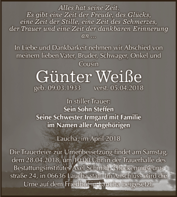 Traueranzeige von Günter Weiße von WVG - Wochenspiegel NMB / WSF / ZTZ