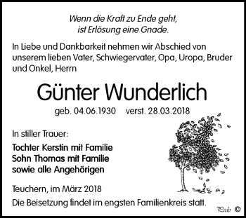 Traueranzeige von Günter Wunderlich von Mitteldeutsche Zeitung Weißenfels