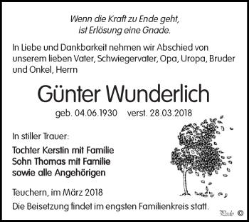 Traueranzeige von Günter Wunderlich von WVG - Wochenspiegel NMB / WSF / ZTZ