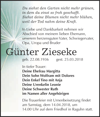 Traueranzeige von Günter Zieseke von WVG - Wochenspiegel Bitterfeld