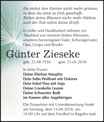 Traueranzeige von Günter Zieseke von Mitteldeutsche Zeitung Bitterfeld