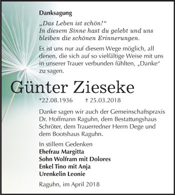 Traueranzeige von Günter Zieseke von Mitteldeutsche Zeitung Bitterfeld
