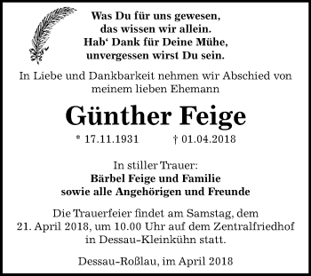 Traueranzeige von Günther Feige von Mitteldeutsche Zeitung Dessau-Roßlau