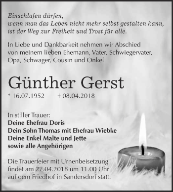 Traueranzeige von Günther Gerst von WVG - Wochenspiegel Bitterfeld