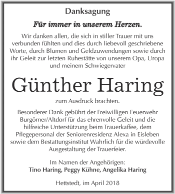 Traueranzeige von Günther Haring von Super Sonntag SGH Mansf. Land