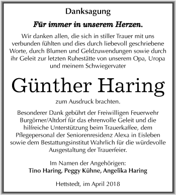 Traueranzeige von Günther Haring von Mitteldeutsche Zeitung
