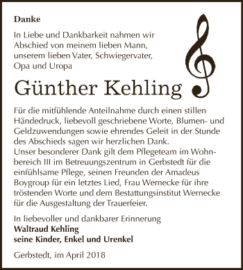 Traueranzeige von Günther Kehling von Super Sonntag SGH Mansf. Land