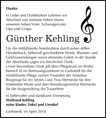 Traueranzeige von Günther Kehling von Mitteldeutsche Zeitung