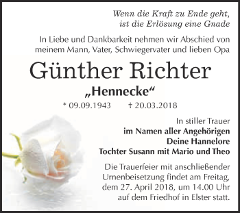 Traueranzeige von Günther Richter von WVG - Wochenspiegel Wittenberg