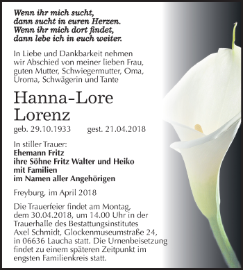 Traueranzeige von Hanna-Lore Lorenz von Mitteldeutsche Zeitung