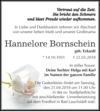 Traueranzeige von Hannelore Bornschein von Mitteldeutsche Zeitung Merseburg/Querfurt