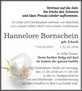 Traueranzeige von Hannelore Bornschein von WVG - Wochenspiegel Merseburg