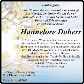 Traueranzeige von Hannelore Doherr von Mitteldeutsche Zeitung Quedlinburg