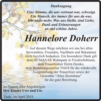 Traueranzeige von Hannelore Doherr von Super Sonntag Quedlinburg