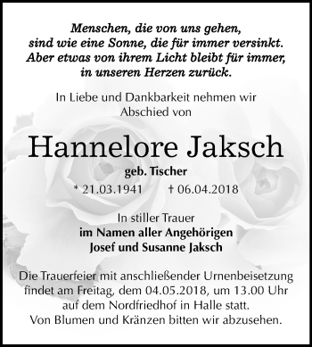 Traueranzeige von Hannelore Jaksch von Mitteldeutsche Zeitung Halle/Saalkreis