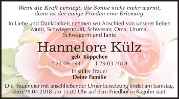 Traueranzeige von Hannelore Külz von Mitteldeutsche Zeitung Bitterfeld