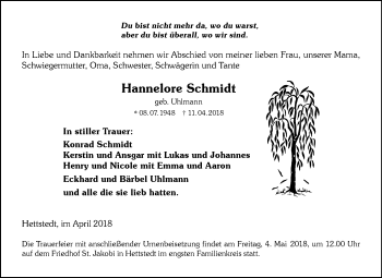 Traueranzeige von Hannelore Schmidt von Mitteldeutsche Zeitung