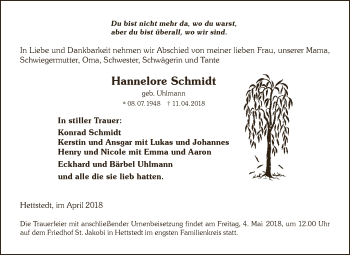 Traueranzeige von Hannelore Schmidt von Super Sonntag SGH Mansf. Land
