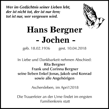 Traueranzeige von Hans Bergner von Mitteldeutsche Zeitung Aschersleben