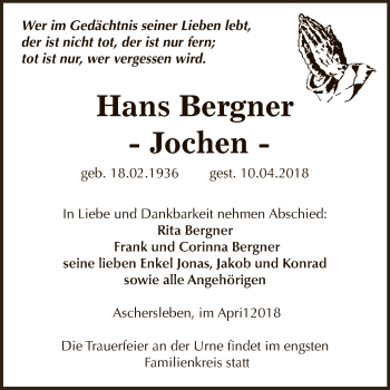 Traueranzeige von Hans Bergner von Super Sonntag Aschersleben