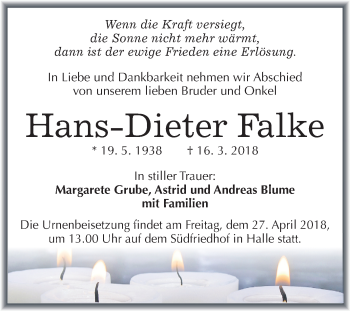 Traueranzeige von Hans-Dieter Falke von Mitteldeutsche Zeitung Halle/Saalkreis