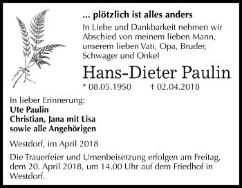Traueranzeige von Hans-Dieter Paulin von Mitteldeutsche Zeitung Aschersleben