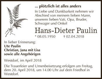 Traueranzeige von Hans-Dieter Paulin von Super Sonntag Aschersleben